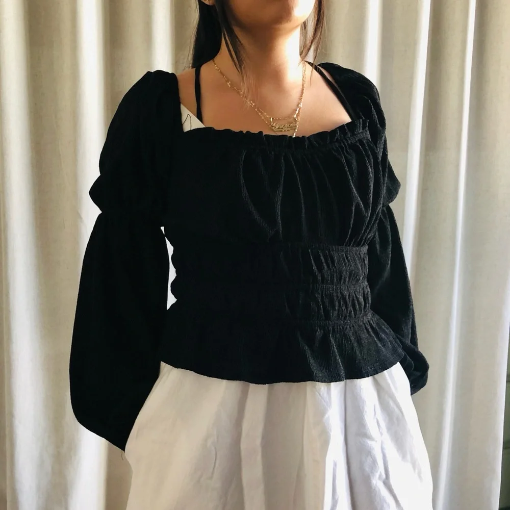 Astr Black Smocked Puff Sleeve Blouse